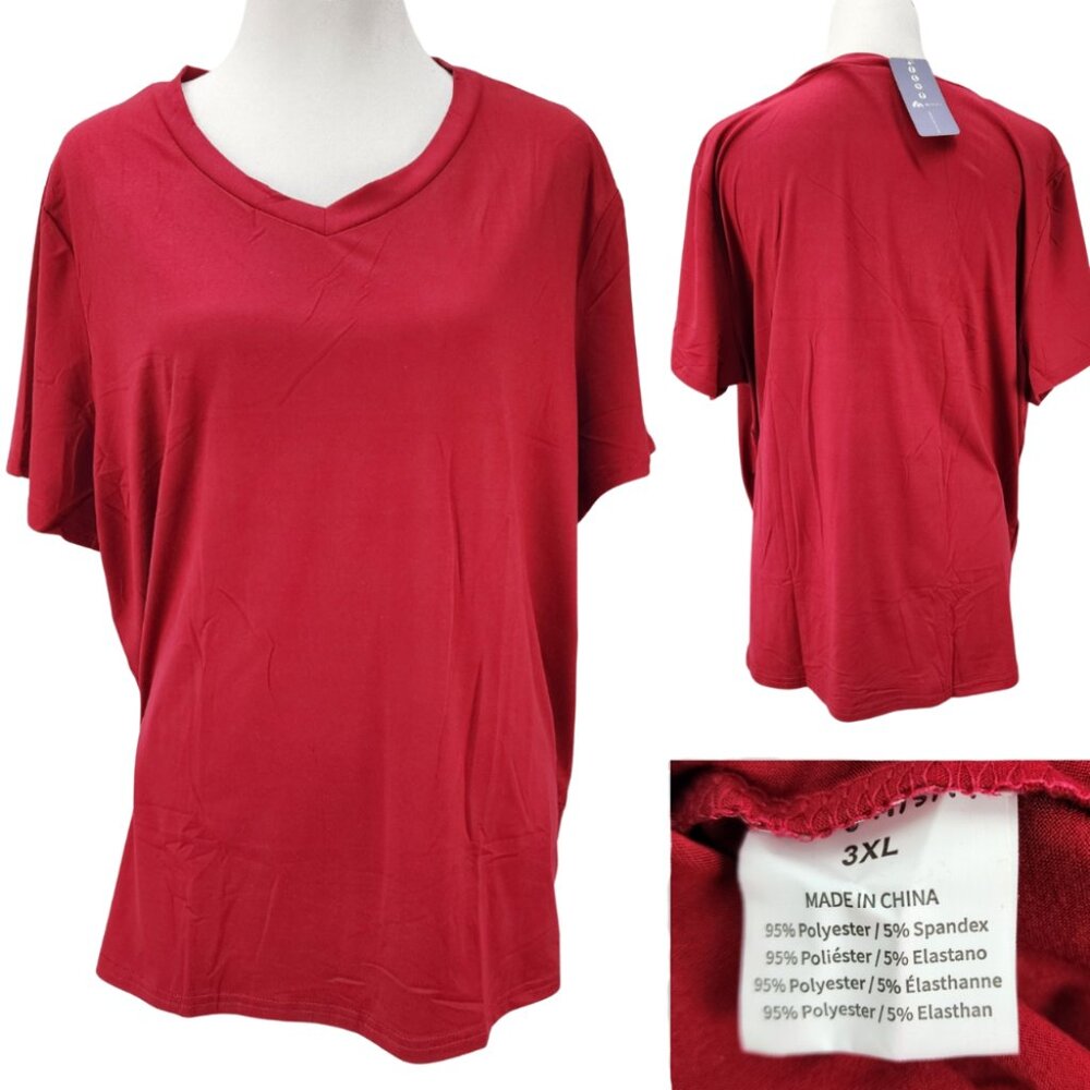 New Misifi Womens 3XL Solid Red Short Sleeve T-shirt Poly Stretch V-neck Top